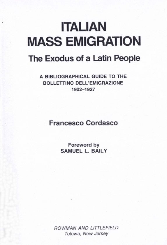 Francesco Cordasco, emigración masiva italiana